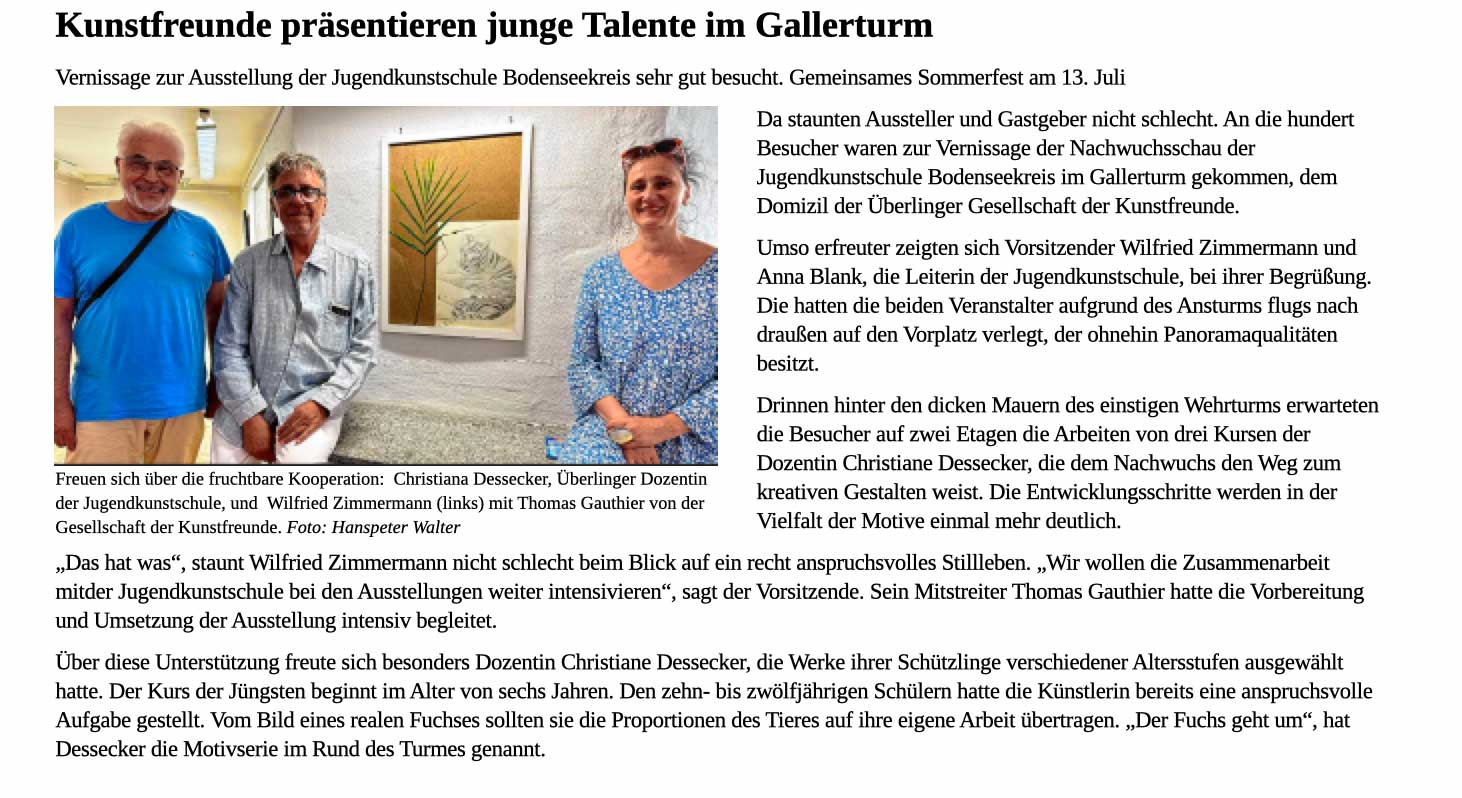 Jugendkunstschule Bodenseekreis,  Gesellschaft der Kunstfreunde Überlingen, Artikel Südkurier